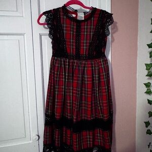 Elegant Red Plaid Kids Dress with Black Lace